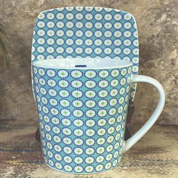 Trish Richman Other - Trish Richman Large Coffee Mug & Square Saucer in Blue & Green Pattern